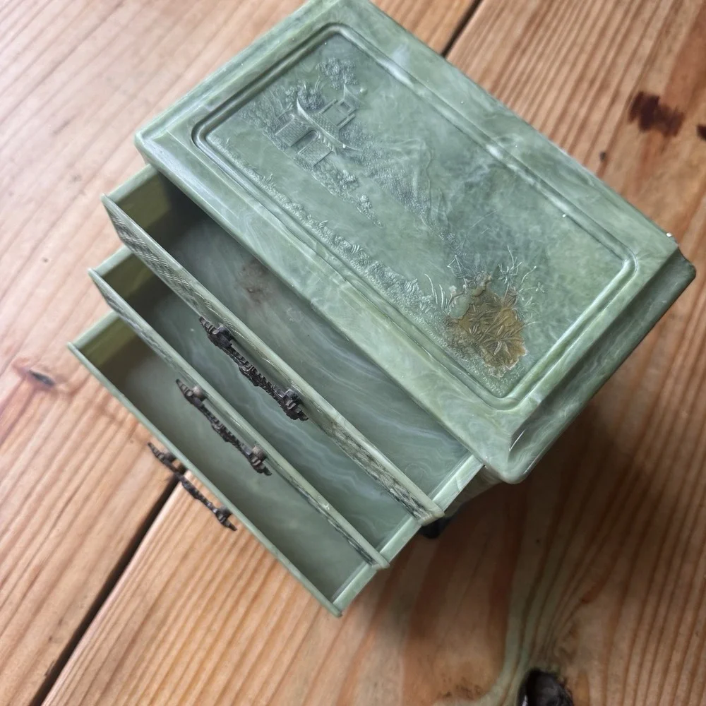 Vintage Faux Jade Chinoiserie Jewelry Box | 3-Drawer‎ Dragon Pulls | Mid Century